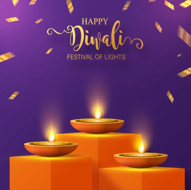 Diwali, Deepavali ya da Dipavali Hint Işık Festivali podyumunda altın diya, desenli ve kağıt üzerinde kristaller.