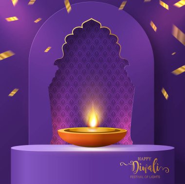 Diwali, Deepavali ya da Dipavali Hint Işık Festivali podyumunda altın diya, desenli ve kağıt üzerinde kristaller.