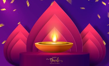 Diwali, Deepavali ya da Dipavali Hint Işık Festivali podyumunda altın diya, desenli ve kağıt üzerinde kristaller.