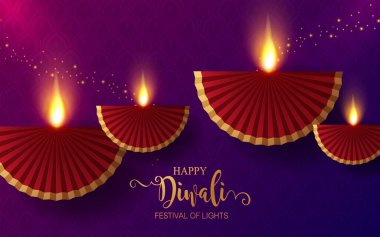 Diwali, Deepavali ya da Dipavali Hint Işık Festivali podyumunda altın diya, desenli ve kağıt üzerinde kristaller.