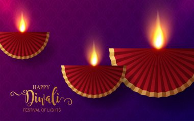 Diwali, Deepavali ya da Dipavali Hint Işık Festivali podyumunda altın diya, desenli ve kağıt üzerinde kristaller.