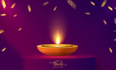 Diwali, Deepavali ya da Dipavali Hint Işık Festivali podyumunda altın diya, desenli ve kağıt üzerinde kristaller.