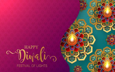 Diwali, Deepavali ya da Dipavali Hint Işık Festivali podyumunda altın diya, desenli ve kağıt üzerinde kristaller.