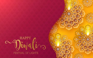 Diwali, Deepavali ya da Dipavali Hint Işık Festivali podyumunda altın diya, desenli ve kağıt üzerinde kristaller.