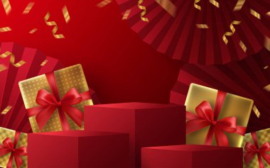  Podyum turu, kare podyum ya da boks günü indirimi, Noel ya da Kara Cuma alışveriş konsepti tasarımı kırmızı, altın, siyah, boks eldivenleri, dekoratif unsurlarla mutlu zaman geçirmek için duruyor..
