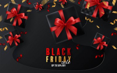 Kara Cuma hediye kutusu, kırmızı kurdele ve zanaat stili yüzen kurdele..