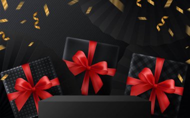 Kara Cuma podyum hediye kutusu, kırmızı kurdele ve arka planda zanaat tarzıyla yüzen kurdele..