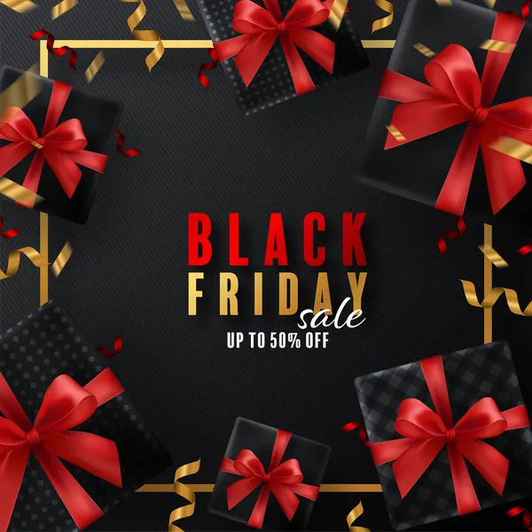 Black Friday Hintergrund Geschenkbox Rotes Band Und Gold Floating Ribbon — Stockvektor