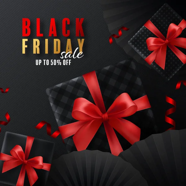 Black Friday Background Gift Box Red Ribbon Gold Floating Ribbon — Stock Vector