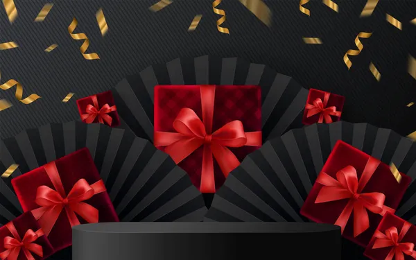 Black Friday Podium Gift Box Red Ribbon Gold Floating Ribbon — Stock Vector