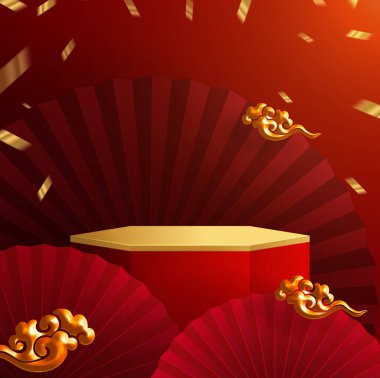3d podyum, kare sahne podyumu ve kağıt sanatları Çin yeni yılı, Çin Festivalleri, Sonbahar ortası Festivali, kırmızı kağıt kesim, yelpaze, çiçek ve arka planda zanaat tarzıyla Asyalı unsurlar.