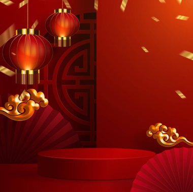 3d podyum, kare sahne podyumu ve kağıt sanatları Çin yeni yılı, Çin Festivalleri, Sonbahar ortası Festivali, kırmızı kağıt kesim, yelpaze, çiçek ve arka planda zanaat tarzıyla Asyalı unsurlar.