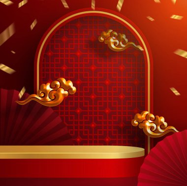 3d podyum, kare sahne podyumu ve kağıt sanatları Çin yeni yılı, Çin Festivalleri, Sonbahar ortası Festivali, kırmızı kağıt kesim, yelpaze, çiçek ve arka planda zanaat tarzıyla Asyalı unsurlar.