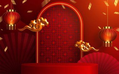 3d podyum, kare sahne podyumu ve kağıt sanatları Çin yeni yılı, Çin Festivalleri, Sonbahar ortası Festivali, kırmızı kağıt kesim, yelpaze, çiçek ve arka planda zanaat tarzıyla Asyalı unsurlar.