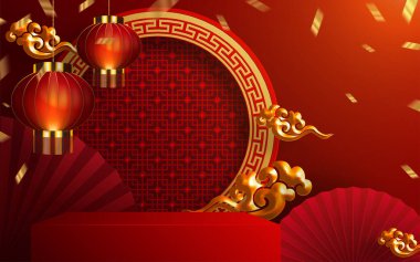 3d podyum, kare sahne podyumu ve kağıt sanatları Çin yeni yılı, Çin Festivalleri, Sonbahar ortası Festivali, kırmızı kağıt kesim, yelpaze, çiçek ve arka planda zanaat tarzıyla Asyalı unsurlar.