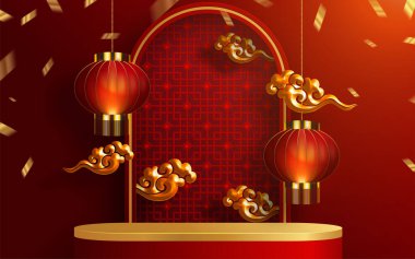 3d podyum, kare sahne podyumu ve kağıt sanatları Çin yeni yılı, Çin Festivalleri, Sonbahar ortası Festivali, kırmızı kağıt kesim, yelpaze, çiçek ve arka planda zanaat tarzıyla Asyalı unsurlar.