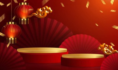 3d podyum, kare sahne podyumu ve kağıt sanatları Çin yeni yılı, Çin Festivalleri, Sonbahar ortası Festivali, kırmızı kağıt kesim, yelpaze, çiçek ve arka planda zanaat tarzıyla Asyalı unsurlar.