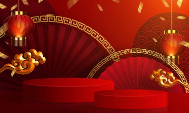 3d podyum, kare sahne podyumu ve kağıt sanatları Çin yeni yılı, Çin Festivalleri, Sonbahar ortası Festivali, kırmızı kağıt kesim, yelpaze, çiçek ve arka planda zanaat tarzıyla Asyalı unsurlar.