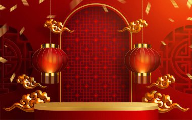 3d podyum, kare sahne podyumu ve kağıt sanatları Çin yeni yılı, Çin Festivalleri, Sonbahar ortası Festivali, kırmızı kağıt kesim, yelpaze, çiçek ve arka planda zanaat tarzıyla Asyalı unsurlar.