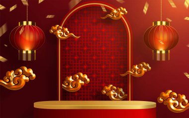 3d podyum, kare sahne podyumu ve kağıt sanatları Çin yeni yılı, Çin Festivalleri, Sonbahar ortası Festivali, kırmızı kağıt kesim, yelpaze, çiçek ve arka planda zanaat tarzıyla Asyalı unsurlar.