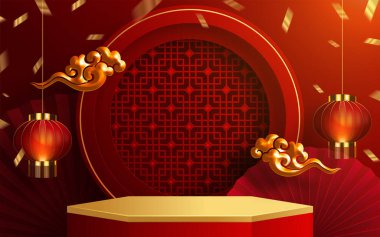 3d podyum, kare sahne podyumu ve kağıt sanatları Çin yeni yılı, Çin Festivalleri, Sonbahar ortası Festivali, kırmızı kağıt kesim, yelpaze, çiçek ve arka planda zanaat tarzıyla Asyalı unsurlar.