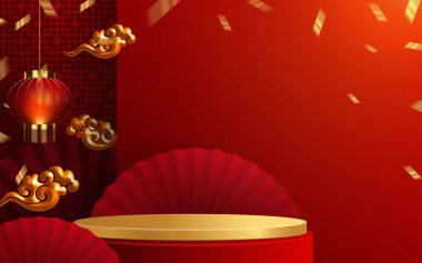 3d podyum, kare sahne podyumu ve kağıt sanatları Çin yeni yılı, Çin Festivalleri, Sonbahar ortası Festivali, kırmızı kağıt kesim, yelpaze, çiçek ve arka planda zanaat tarzıyla Asyalı unsurlar.