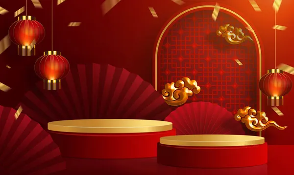 3d podyum, kare sahne podyumu ve kağıt sanatları Çin yeni yılı, Çin Festivalleri, Sonbahar ortası Festivali, kırmızı kağıt kesim, yelpaze, çiçek ve arka planda zanaat tarzıyla Asyalı unsurlar.