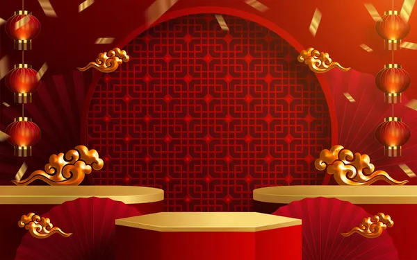 3D表彰台ラウンド 正方形のボックスステージの表彰台と紙の芸術中国の旧正月 中国の祭り 中秋節 背景にクラフトスタイルと赤い紙カット ファン 花やアジアの要素 — ストックベクタ