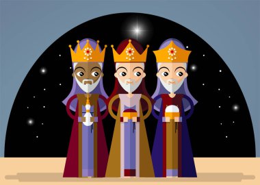 Noel kartı ile üç Kral İsa'ya hediye getiren retro tarzı. Vektör çizim karikatür tarzı.