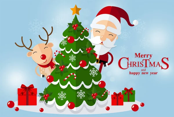 Feliz Navidad Felices Compañeros Navidad Santa Claus Muñeco Nieve Renos — Vector de stock