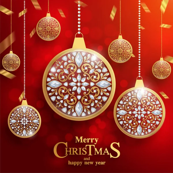 Veselé Vánoce Šťastný Nový Rok Zlatým Vzorem Krystaly Papíře — Stockový vektor