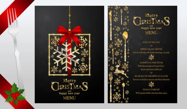 Menu Merry Christmas Happy New Year Gold Patterned Crystals Paper — Stock Vector