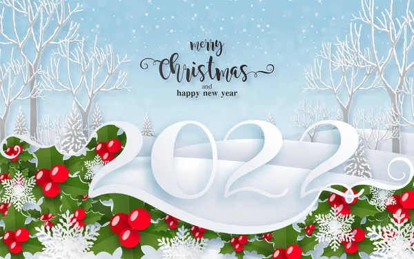 メリークリスマスと幸せな新年2022サンタクロース 雪だるま トナカイと自分を背景にクラフトスタイルでクリスマス雪のシーン — ストックベクタ