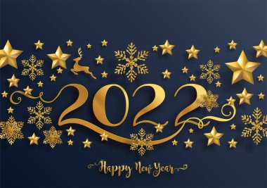 Mutlu Noeller ve mutlu yıllar 2022 Altın desenli ve kağıt rengi kristallerle.