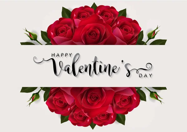バレンタインのグリーティング カード テンプレートと美しいバラと背景色に心の現実的な — ストックベクタ