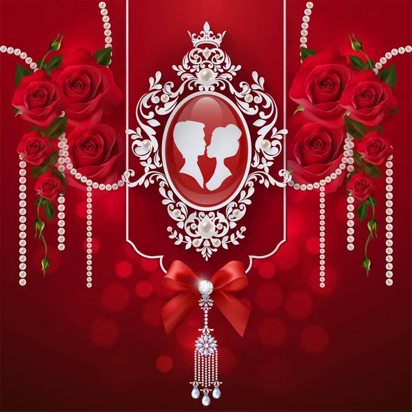 Modèles Cartes Voeux Saint Valentin Avec Réaliste Belle Rose Coeur — Image vectorielle