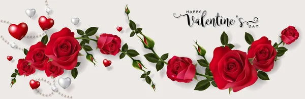 情人节贺卡模板与现实的美丽的玫瑰和心脏背景的色彩 — 图库矢量图片