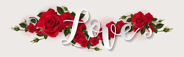 情人节贺卡模板与现实的美丽的玫瑰和心脏背景的色彩 — 图库矢量图片