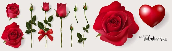 Valentine Dia Cumprimentando Modelos Cartão Com Realista Bela Rosa Coração — Vetor de Stock