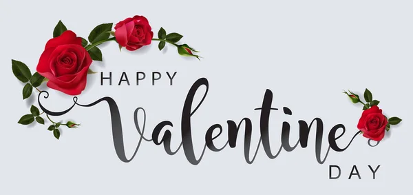 美しいバラと背景の色の心の現実的なバレンタインデーグリーティングカードテンプレート — ストックベクタ