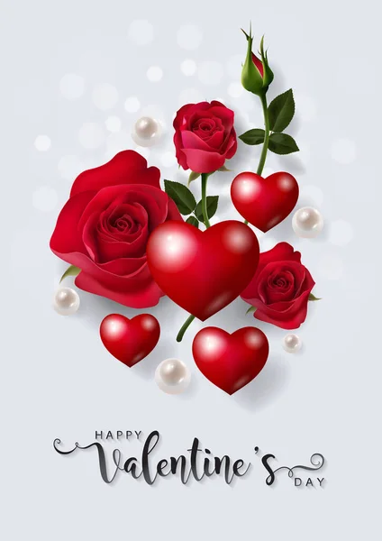 День Святого Валентина Шаблони Вітальних Листівок Реалістичними Красивими Трояндами Серцем — стоковий вектор