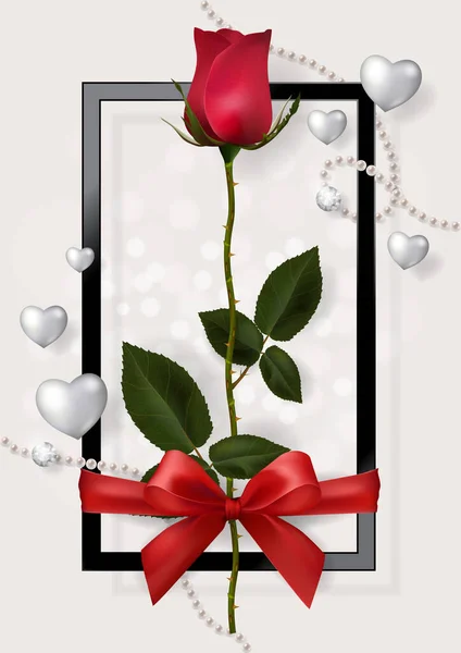 Valentine Dia Cumprimentando Modelos Cartão Com Realista Bela Rosa Coração — Vetor de Stock