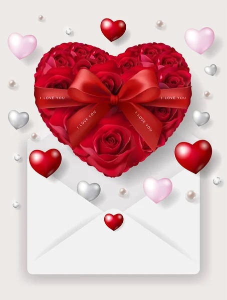 Valentine Day Greeting Card Templates Realistic Beautiful Rose Heart Background — Wektor stockowy