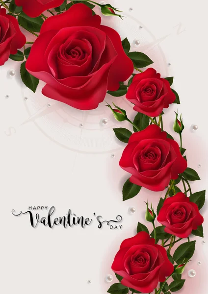 美しいバラと背景の色の心の現実的なバレンタインデーグリーティングカードテンプレート — ストックベクタ