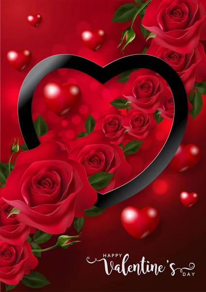 Modèles Cartes Voeux Saint Valentin Avec Réaliste Belle Rose Coeur — Image vectorielle