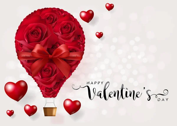 情人节贺卡模板与现实的美丽的玫瑰和心脏背景颜色 — 图库矢量图片