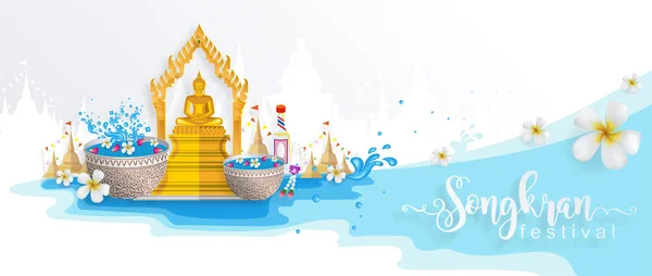 เทศกาลสงกรานต แนวค ดการท องเท ยวในประเทศไทย สถานท สวยท ดในประเทศไทยในร ปแบบแบน แปลภาษาไทย — ภาพเวกเตอร์สต็อก