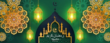 Ramazan Kareem, Ramadhan veya Ramazan Mübarek Müslümanların arka planını altın desenli ve kağıt renkli arka planda kristallerle karşılaması. (Çeviri: Ramazan Kareem )