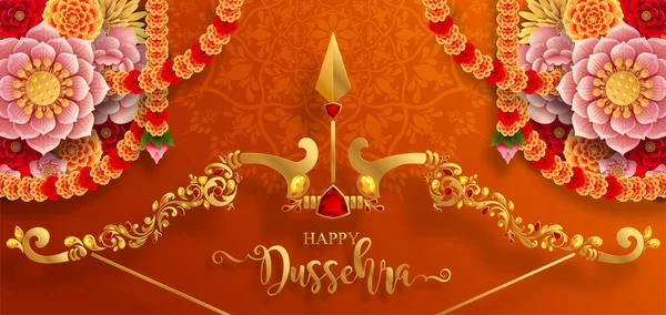 Happy Dussehra Wenskaart Ontwerp Goud Textuur Achtergrond Met Decoratie Ter — Stockvector