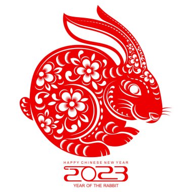 Mutlu Çin Yeni Yılı 2023 tavşan burcu, gong xi fa cai çiçek, fener, Asya unsurları altın kağıt kesim tarzı arka plan. Çeviri: nazo82 İyi seyirler.)